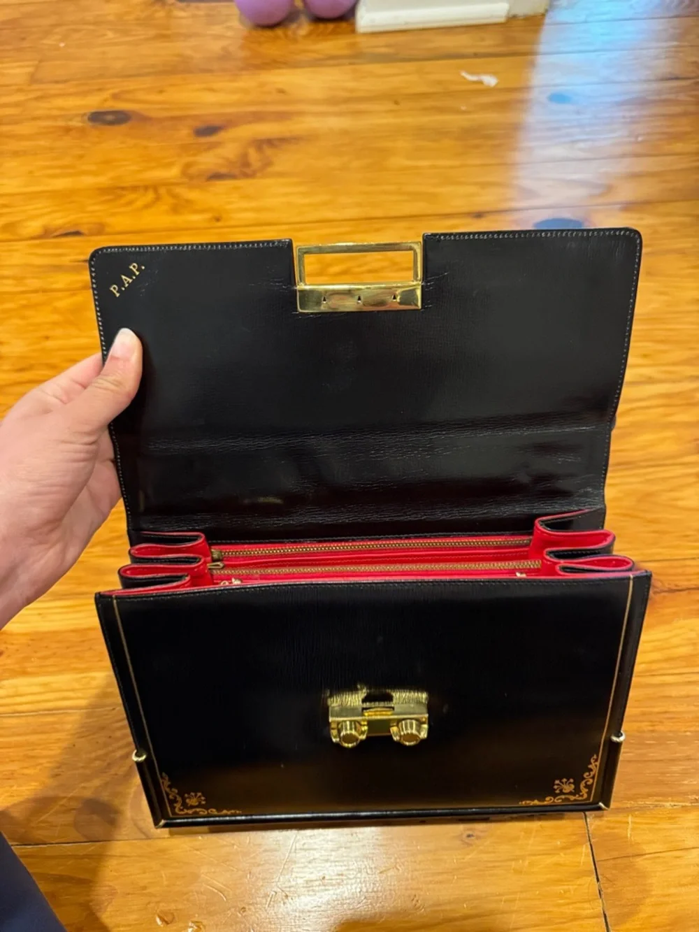 Vintage Italian Classic Black Leather Top-Handle Bag with Gold Hardware